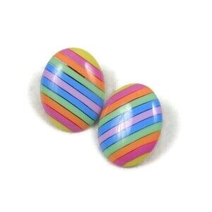 Vintage 1980s Pastel Rainbow Candy Striped Stud Earrings
